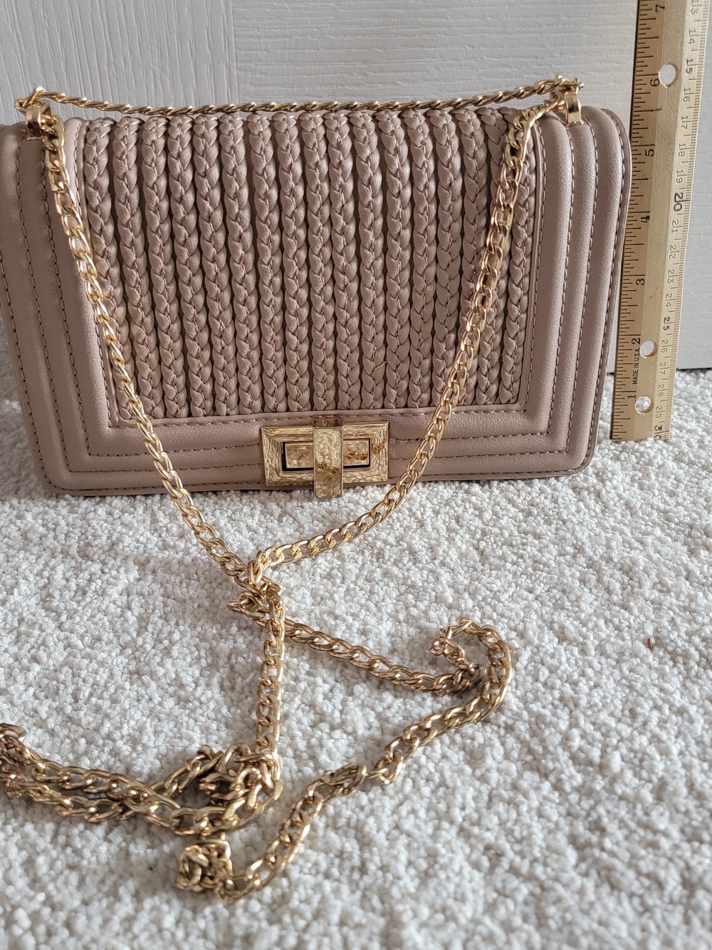 Women's Taupe Braided Chain Shoulder Bag - Gold Hardware